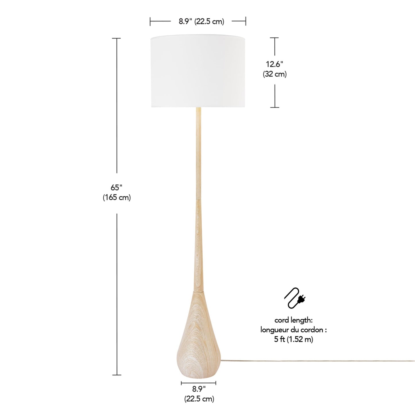 Globe Electric 65" Floor Lamp, Wood-Toned Finish, White Cotton Shade, Japandi Style, E26 Base, On/Off Rotary Switch, 5-Ft Cord, 52112