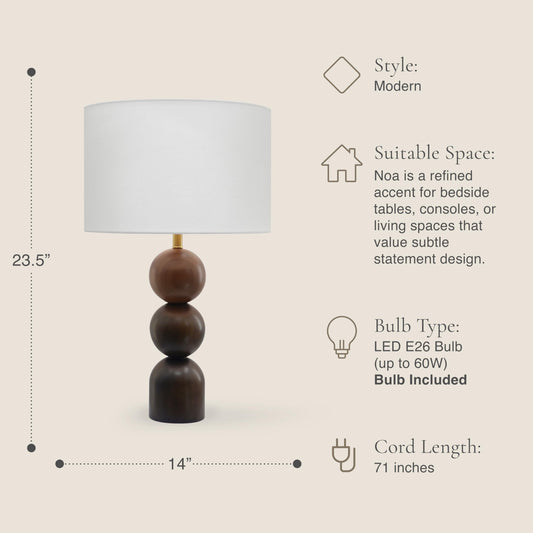 Abani Noa Stacked 23” Table Lamp – Brown Wood Base with White Linen Cylinder Shade, E26 2-Way Bulb Included – Modern Bedside Lamp for Bedroom, Living Room or Nightstand