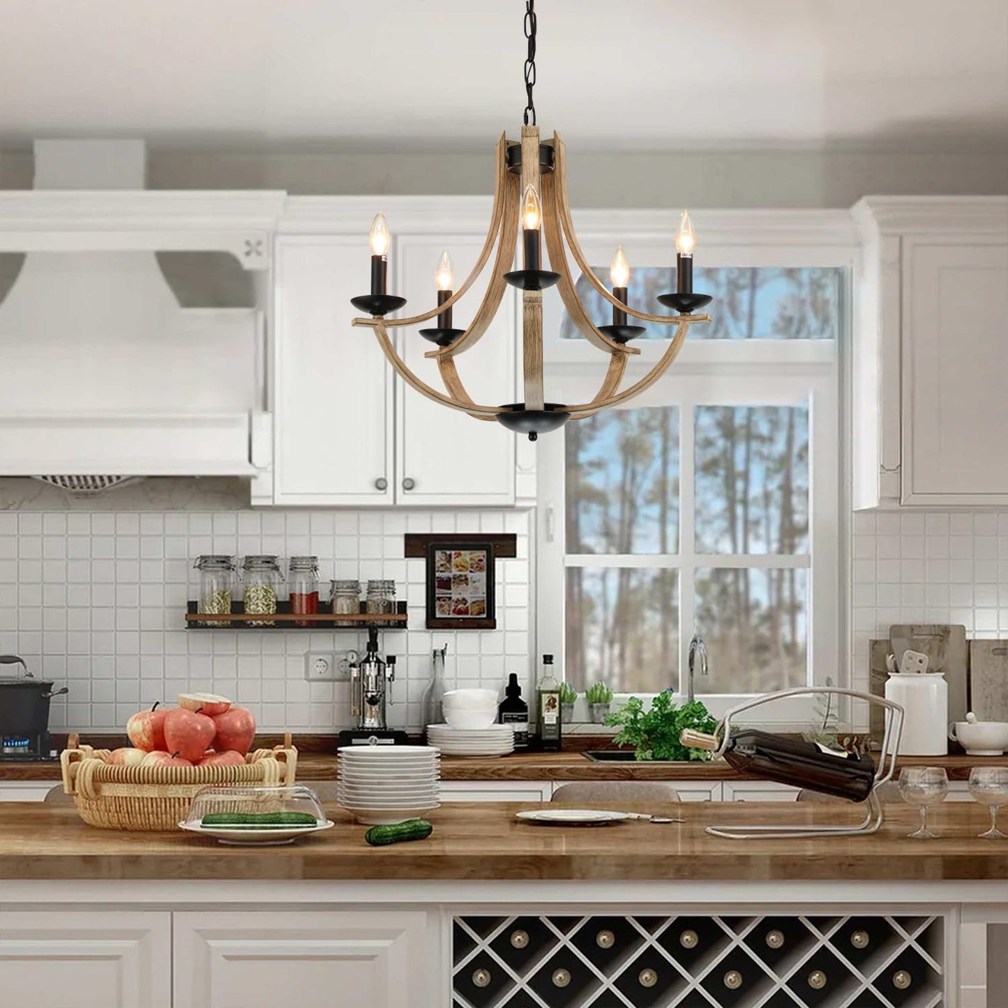 24" 5-Light Faux Wood and Metal Chandelier