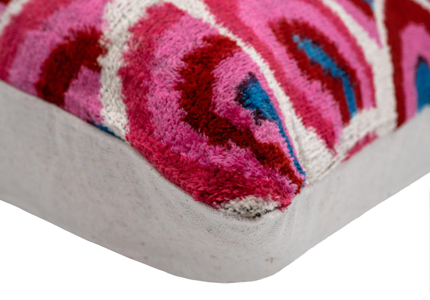 CANVELLO Handmade Velvet Throw Pillow with Down Feather Insert - 16x24 Inches, Geometric Swirl Pattern in Vibrant Pink, Red, and Blue, Soft Decorative Cushion