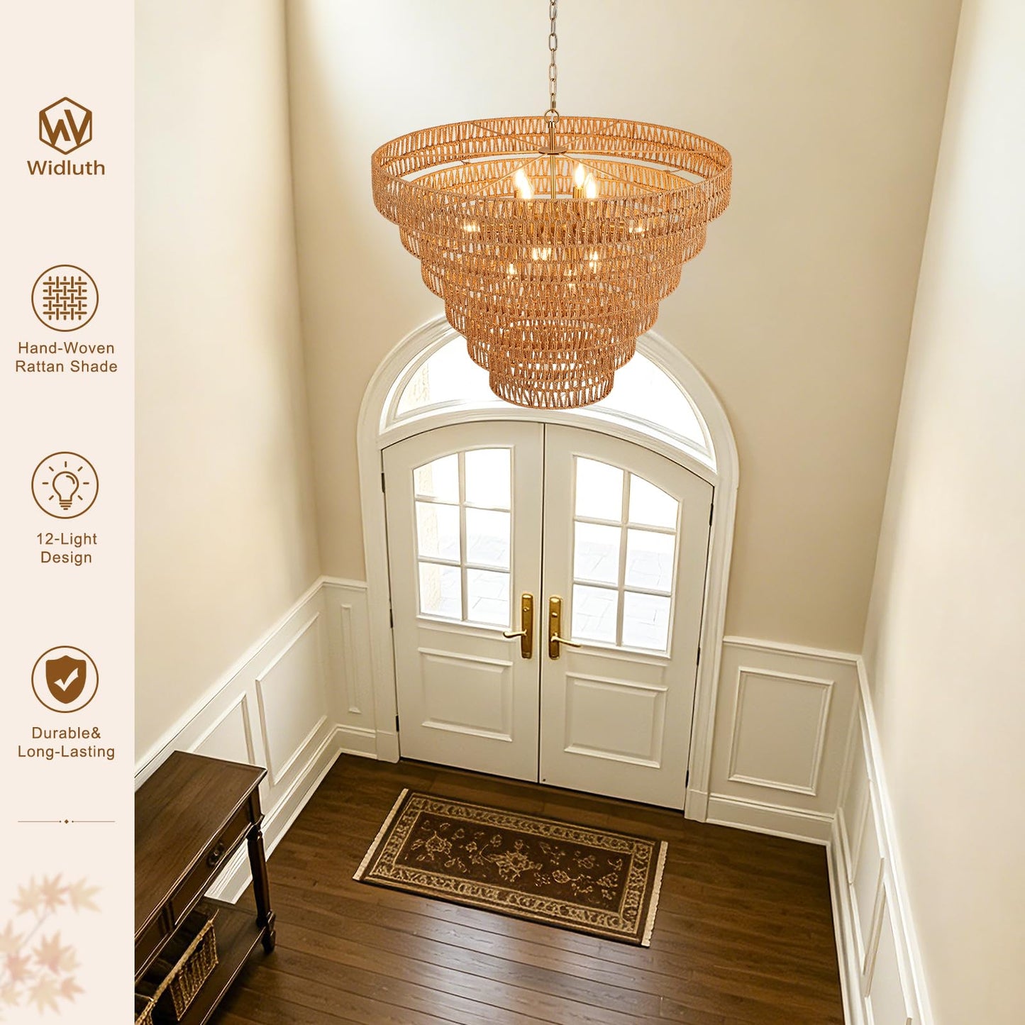 Widluth 31.5" Large Gold Rattan Chandelier, 12-Light Hand-Woven 6-Tier