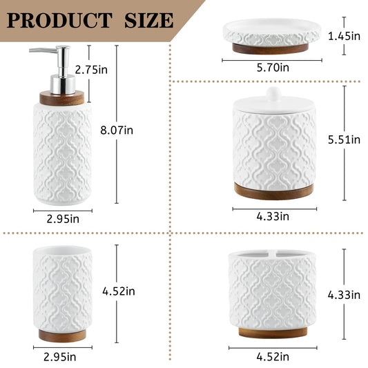 5 Piece Ceramic & Wood Bath Accessory Set