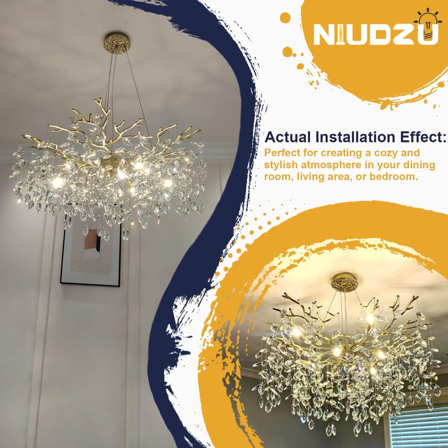 NIUZDU Chandeliers for Dining Room Over Table, 47" Modern Crystal Gold Tree Branche Chandelier, Large Chandelier Crystals for Living Room,High Ceiling,Foyer,Entryway,Kitchen Island,Staircase