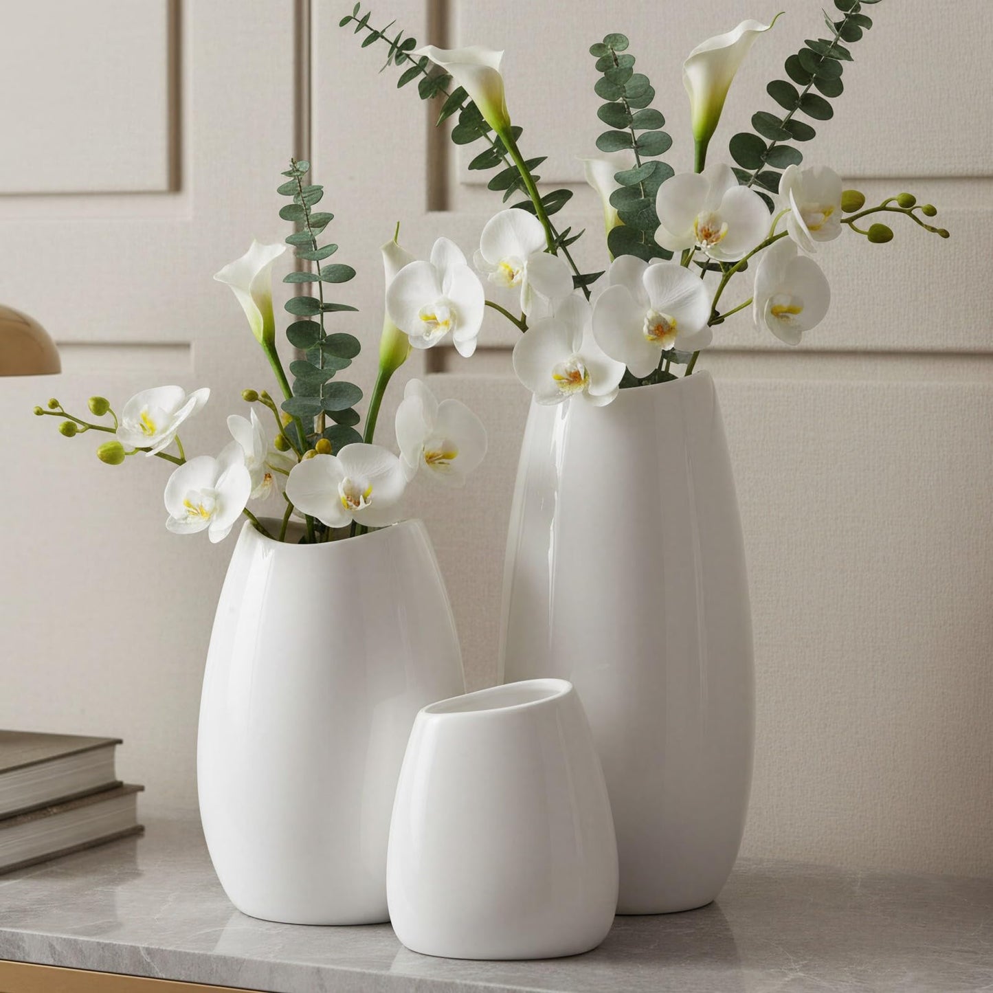 White Ceramic Vases, Set of 3