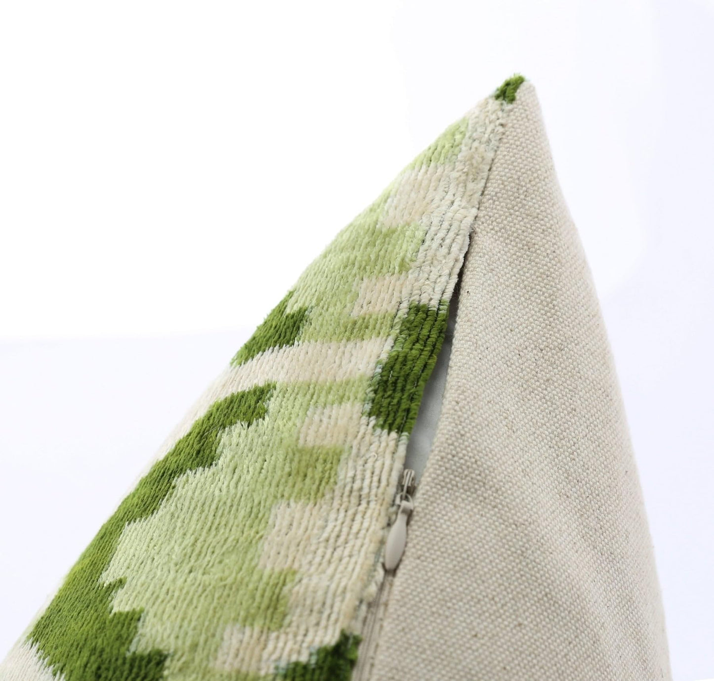 Canvello Handmade Velvet Lumbar Pillow Green and Cream Ikat Design with Premium Down Feather Insert (10"x15")