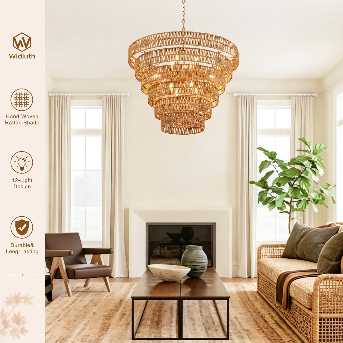31-/2" 12-Light Tiered Rattan Chandelier