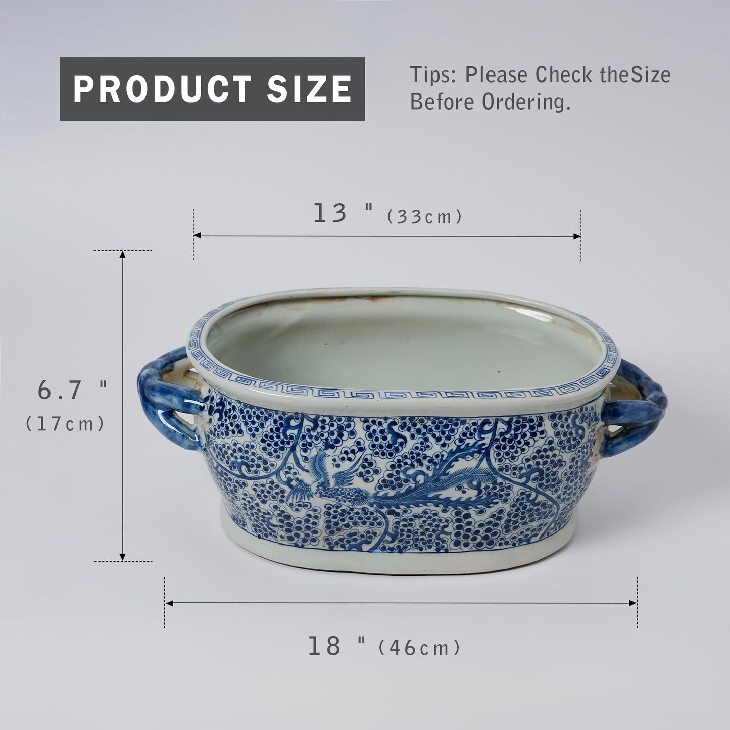 XIGGJYL JINDEZHEN Vintage Blue and White Flower & Birds Porcelain Footbath Planter Chinoiserie Scenery Motif Ceramic Flower Pot (Blue-77)