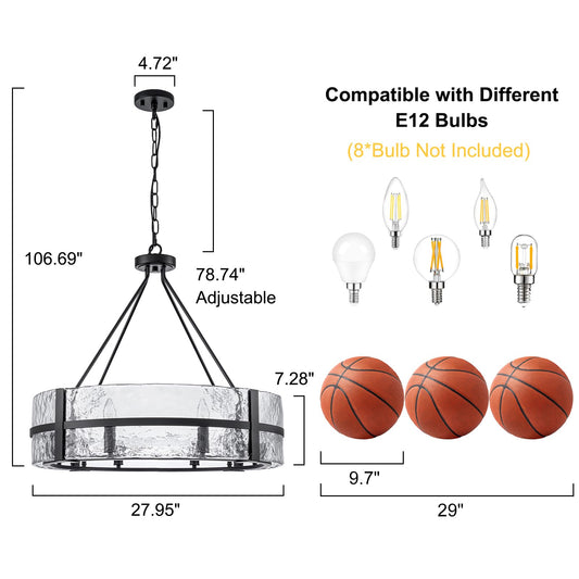 28" 8-Light Metal and Rippled Glass Chandelier