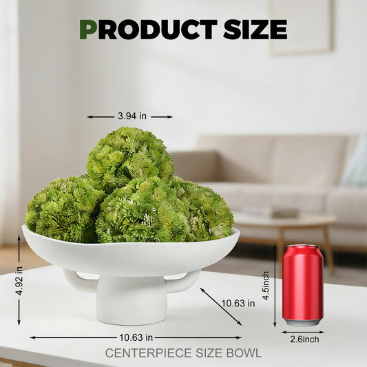 White Resin Decorative Pedestal Bowl with Artificial Moss Balls (6)