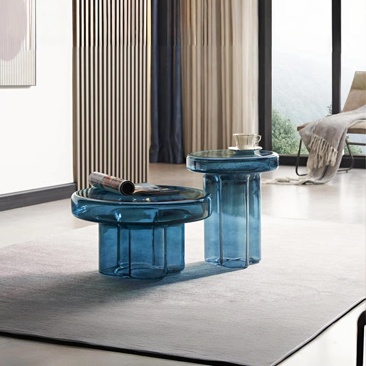 21-3/4" Round Hand-Blown Glass Accent Table, Blue