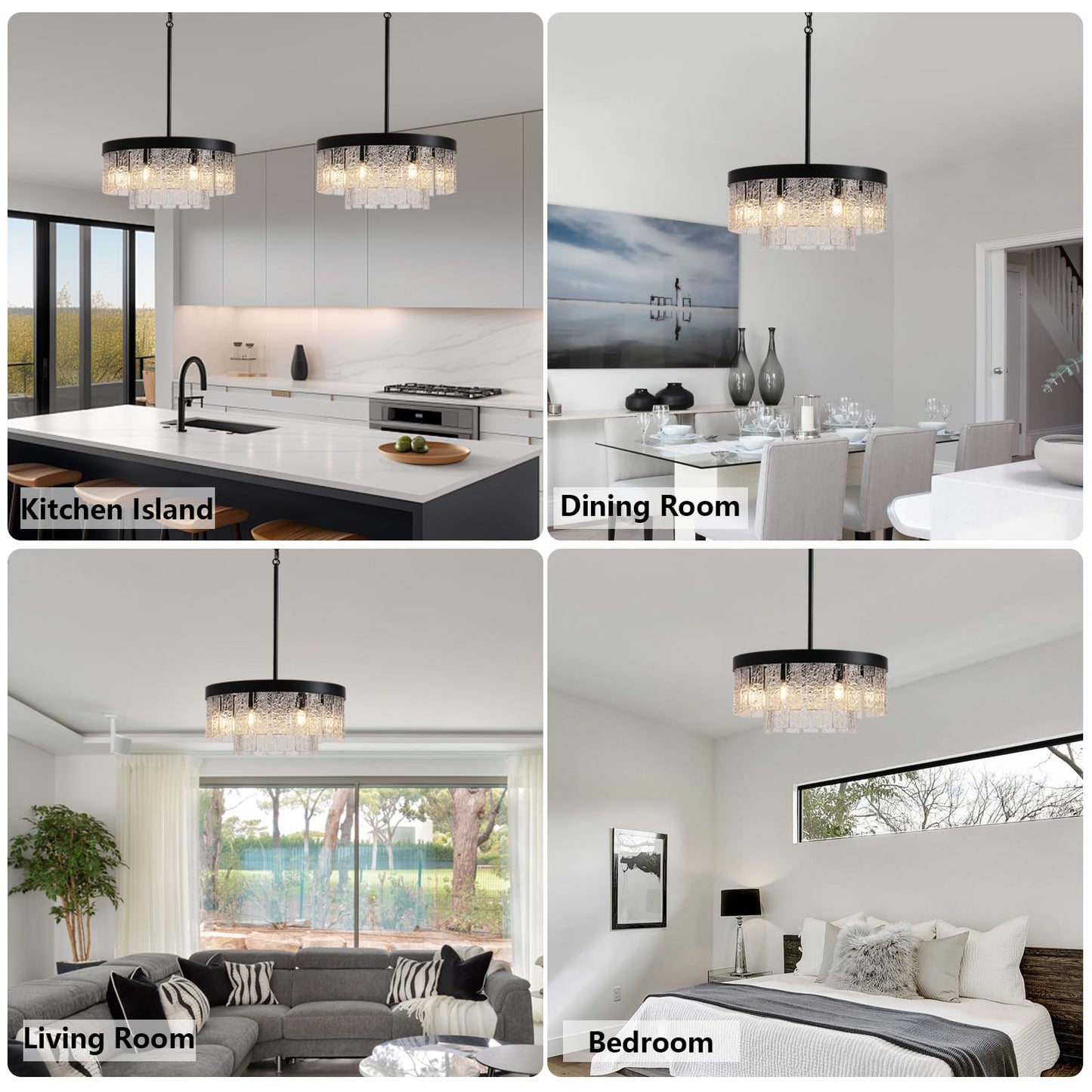 Black Modern Chandeliers for Dining Room Light Fixture, 7-light Large Chandelier Kitchen Light Fixture Over Table, Glass Drum Lighting Entryway Lights Fixture for Foyer Bedroom Hallway Living Room