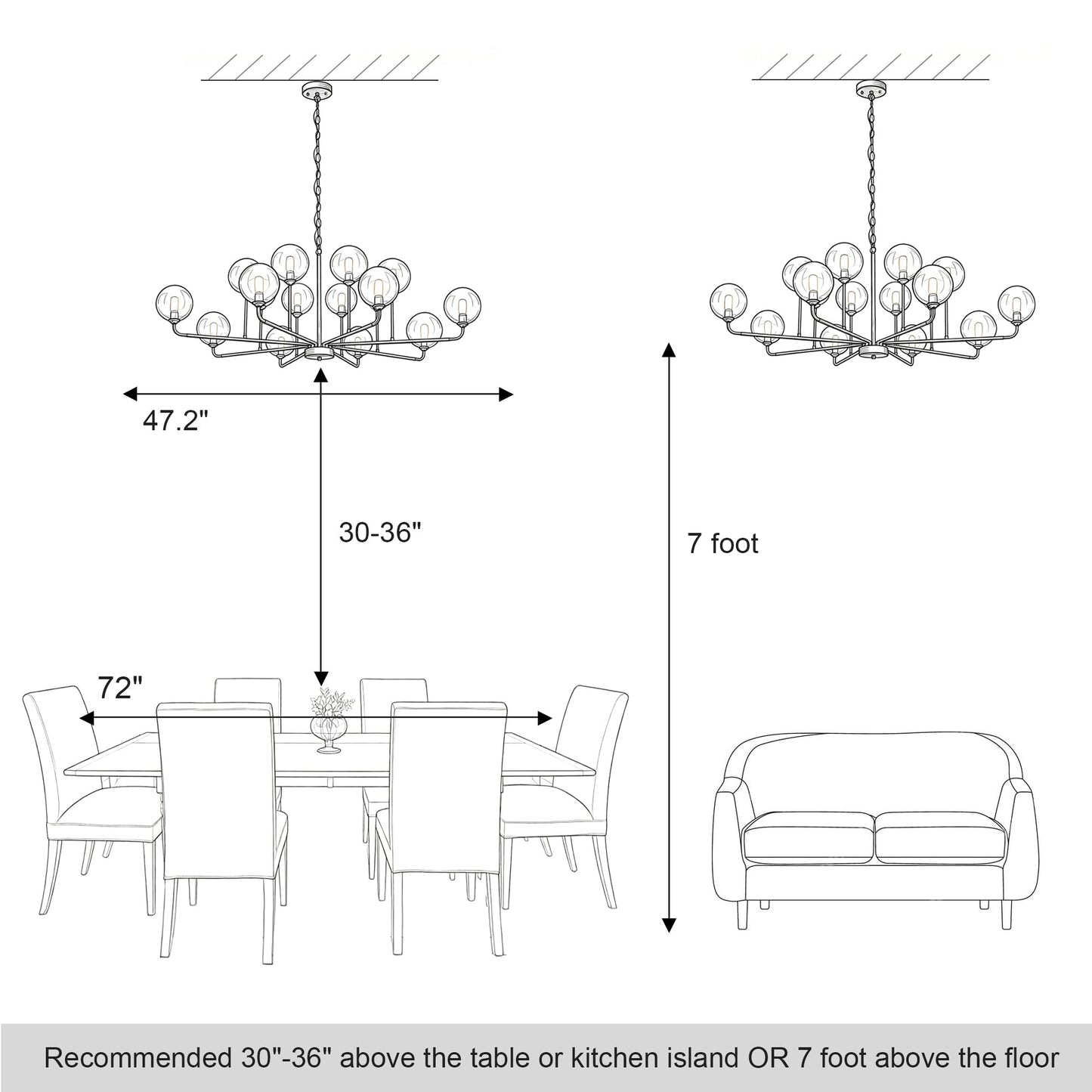 Large Chandeliers for High Ceilings 47.2IN Large Dining Room Chandelier with Smoky Gray Glass Globe Modern Black Chandeliers for Dining Room Large Chandelier Light Fixture for Entryway Living Room