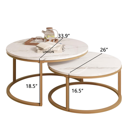 Round Marble Top Nesting Coffee Tables, Set of 2
