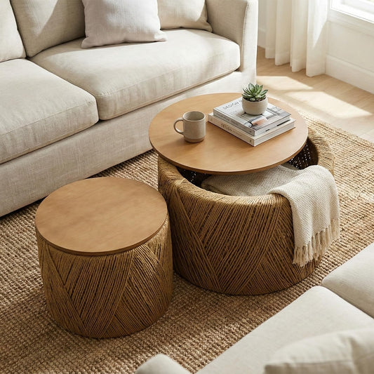 Wood and Rattan Nesting Coffee Tables with Storage, Set of 2