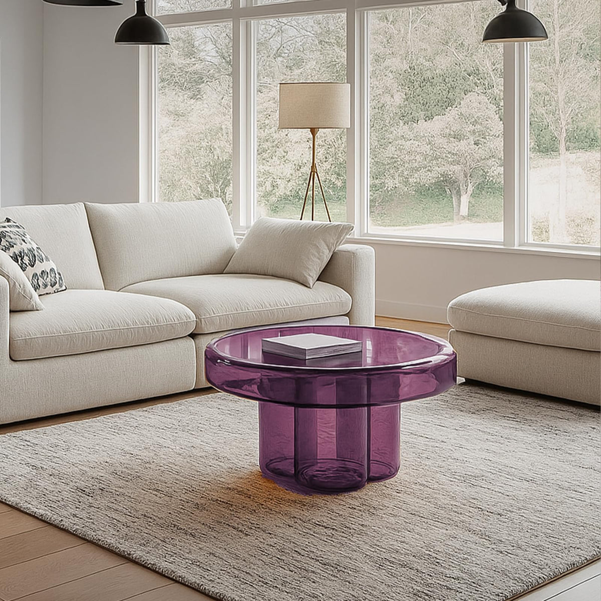 21-3/4" Round Hand-Blown Glass Accent Table, Purple