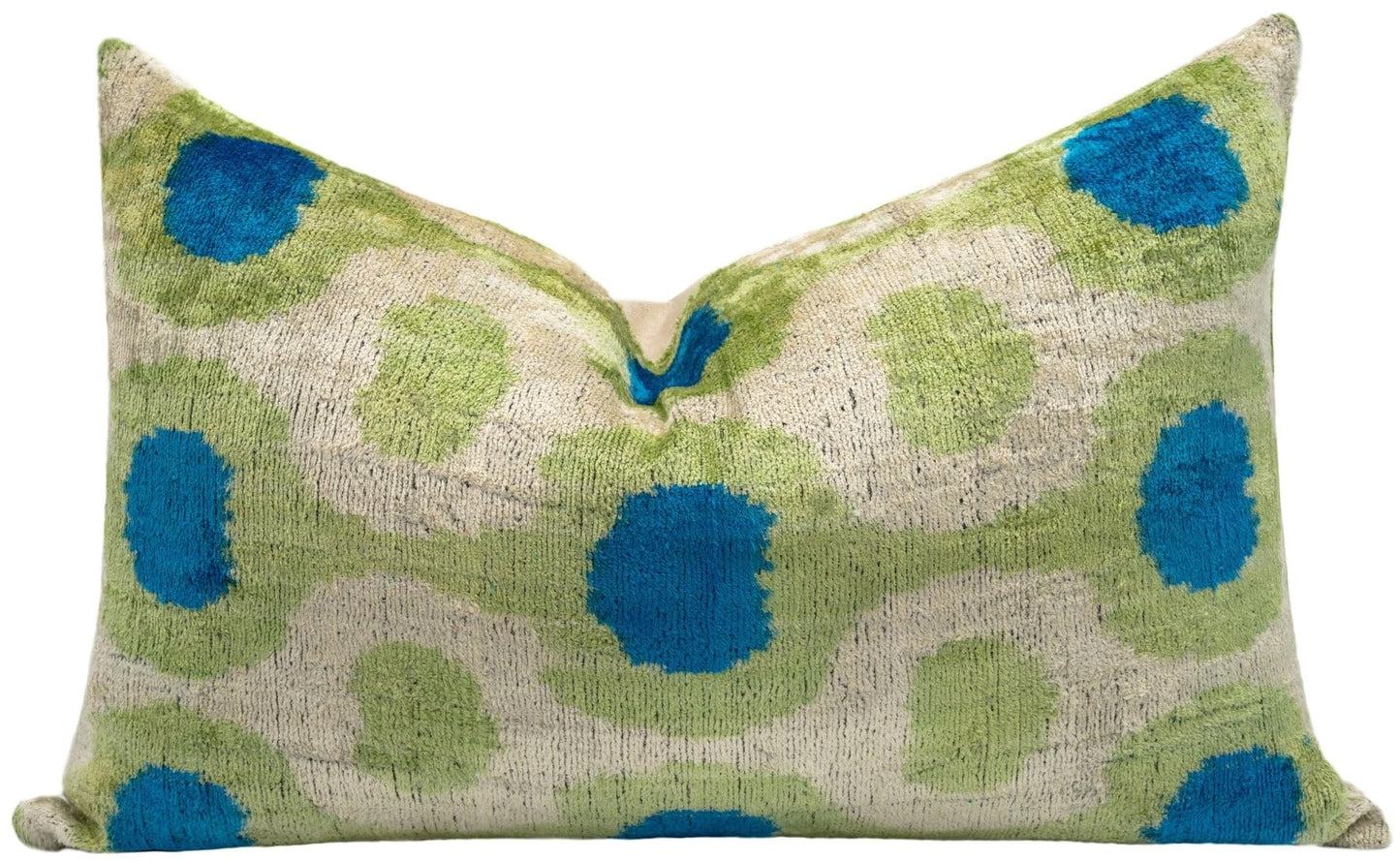 Canvello Vibrant 16"x24" Handmade Velvet Pillow Lively Green and Blue Ikat Design with Premium Down Feather Insert