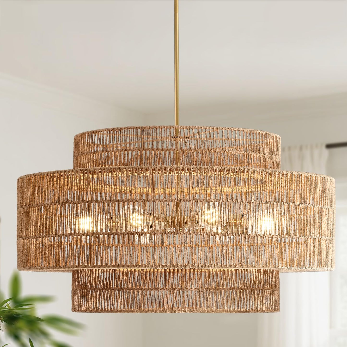 InterMaka 30” Boho Rattan Chandelier Light Fixture, 8-Light Large Hand Woven Pendant Light Fixture Farmhouse Rustic Chandeliers for Dining Room, Kitchen, Bedroom, Living Room, Hallway, Foyer