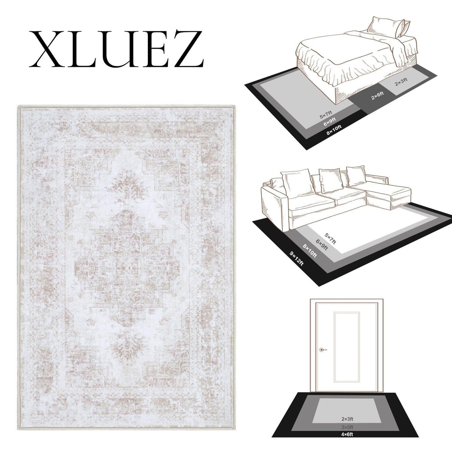 XLUEZ Area Rug 10x14 Living Room Rug, Machine Washable Vintage Distressed Medallion Rug Non-Slip Soft Low Pile Large Indoor Rugs for Bedroom Kitchen Dining Room Office(Beige,10'x14')