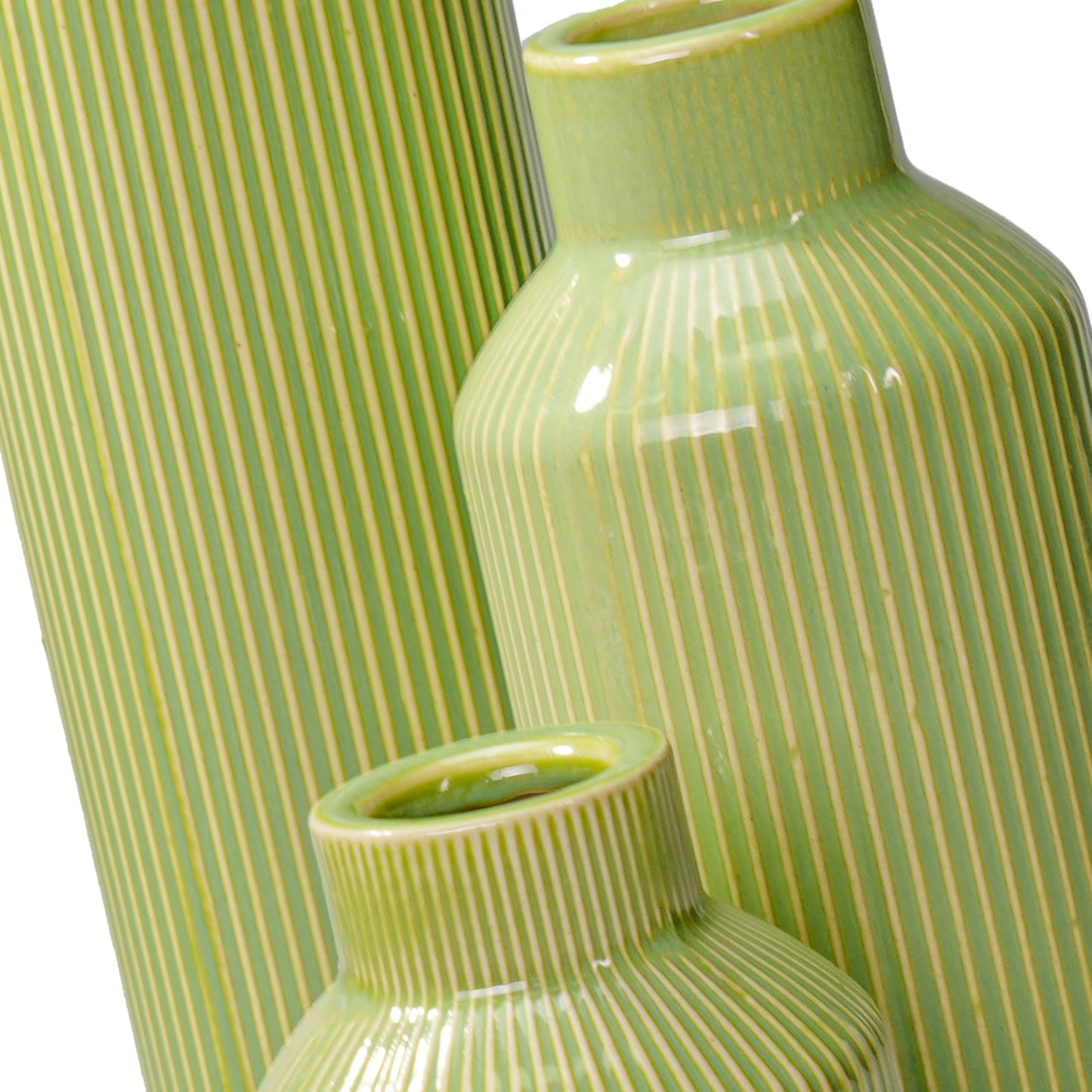 Ceramic Green Ribbed Textured Vases, Set of 3