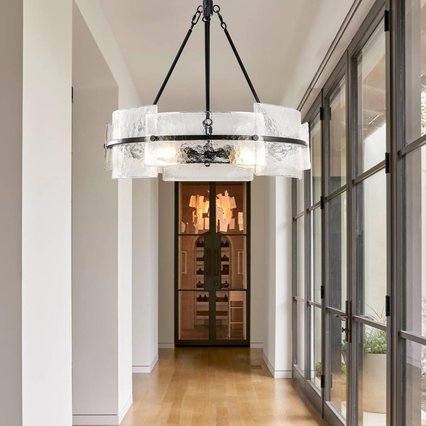 Modern Dining Room Chandelier 22” Black Textured Glass Chandelier Luxury Drum Crystal Light Fixture Farmhouse Round Hanging Lighting for Dining Room Kitchen Island Living Room Hallway Bedroom