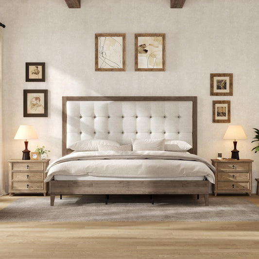 Wood Bed with Tufted Upholstered Headboard