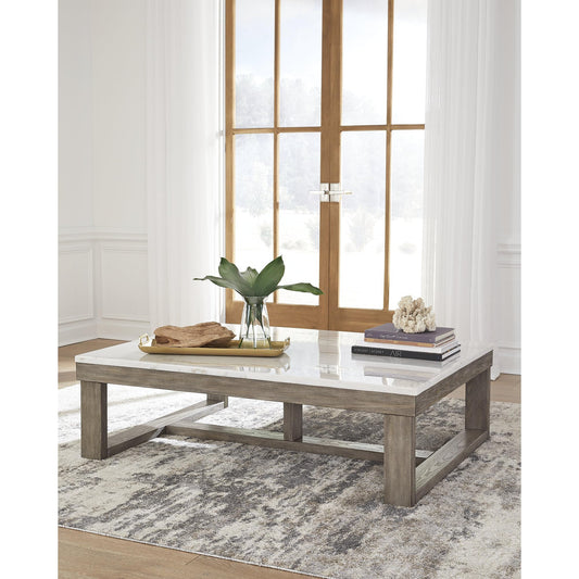 Signature Design by Ashley Loyaska Marble Coffee Table, Genuine Natural Marble Top, Oak Veneer Trestle Base, Oversized for Large Sectional Sofas in Living Room, Brown/Ivory, 56" W