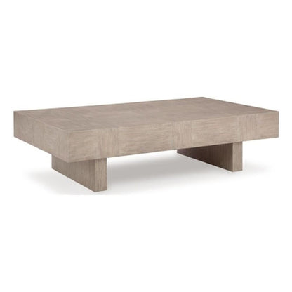 BOWERY HILL Modern Coffee Table, 60" W x 35" D x 16" H, Hardwood Solids and Oak Veneer, Light Grayish Brown Finish, Rectangular Design, Double Plinth Base, Transitional Living Room Table