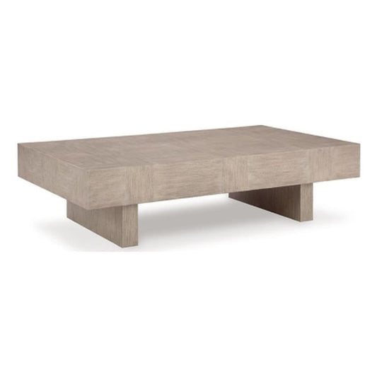 BOWERY HILL Modern Coffee Table, 60" W x 35" D x 16" H, Hardwood Solids and Oak Veneer, Light Grayish Brown Finish, Rectangular Design, Double Plinth Base, Transitional Living Room Table