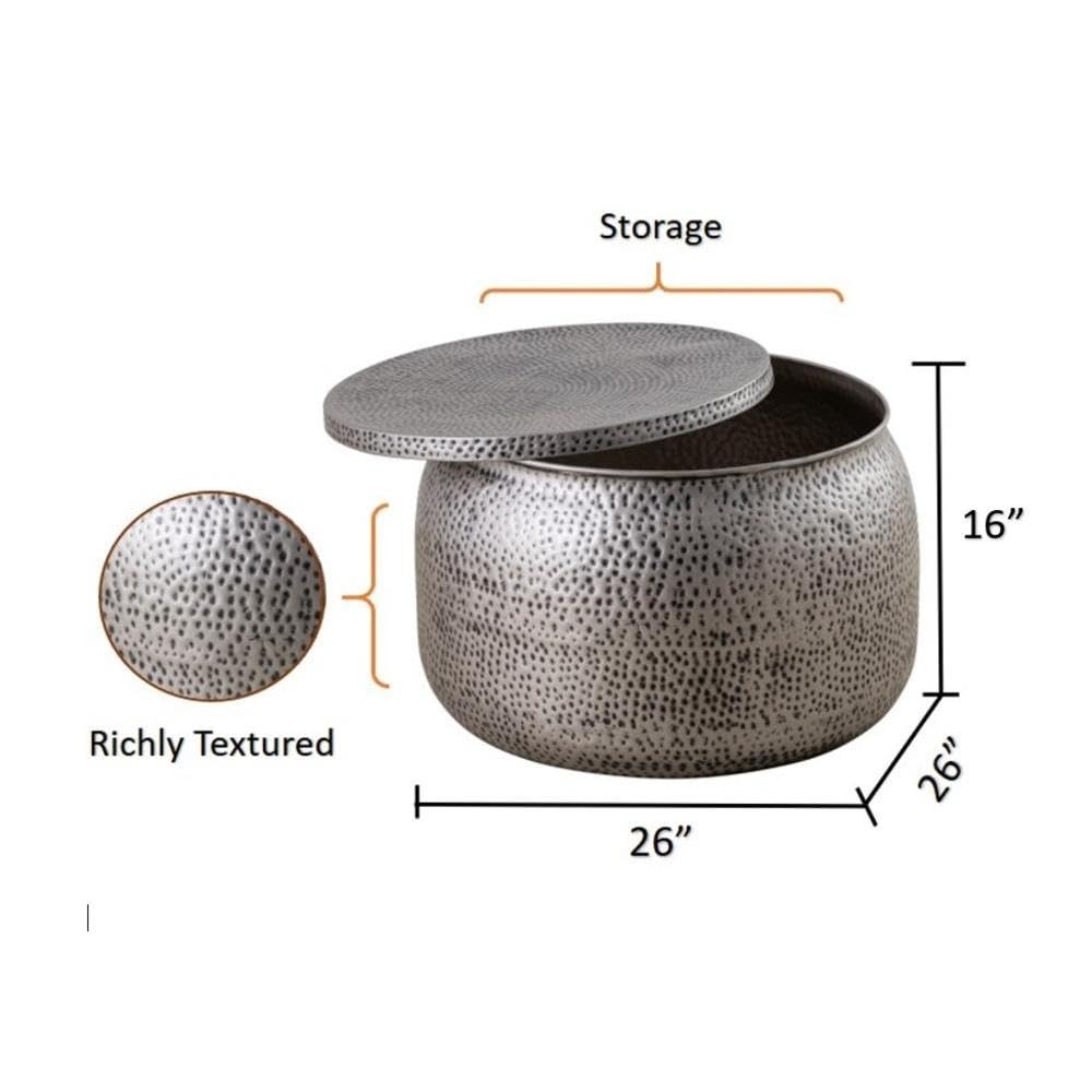 Albany Living Modern Round Aluminum Hammered Embossed Texturing, Metal Drum Coffee Table with Removable Lid for Storage,Fully Assembled, for the Living Room and Bedroom, Gray
