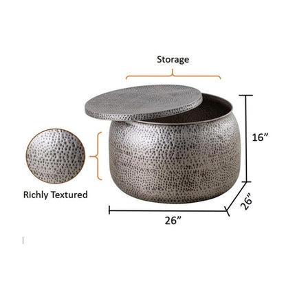 Albany Living Modern Round Aluminum Hammered Embossed Texturing, Metal Drum Coffee Table with Removable Lid for Storage,Fully Assembled, for the Living Room and Bedroom, Gray