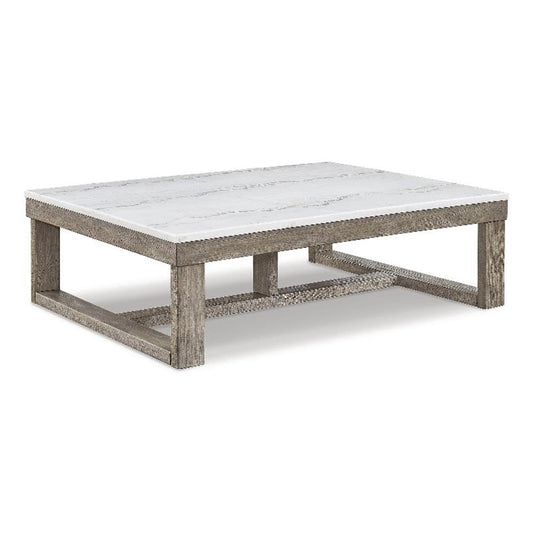 Signature Design by Ashley Loyaska Marble Coffee Table, Genuine Natural Marble Top, Oak Veneer Trestle Base, Oversized for Large Sectional Sofas in Living Room, Brown/Ivory, 56" W
