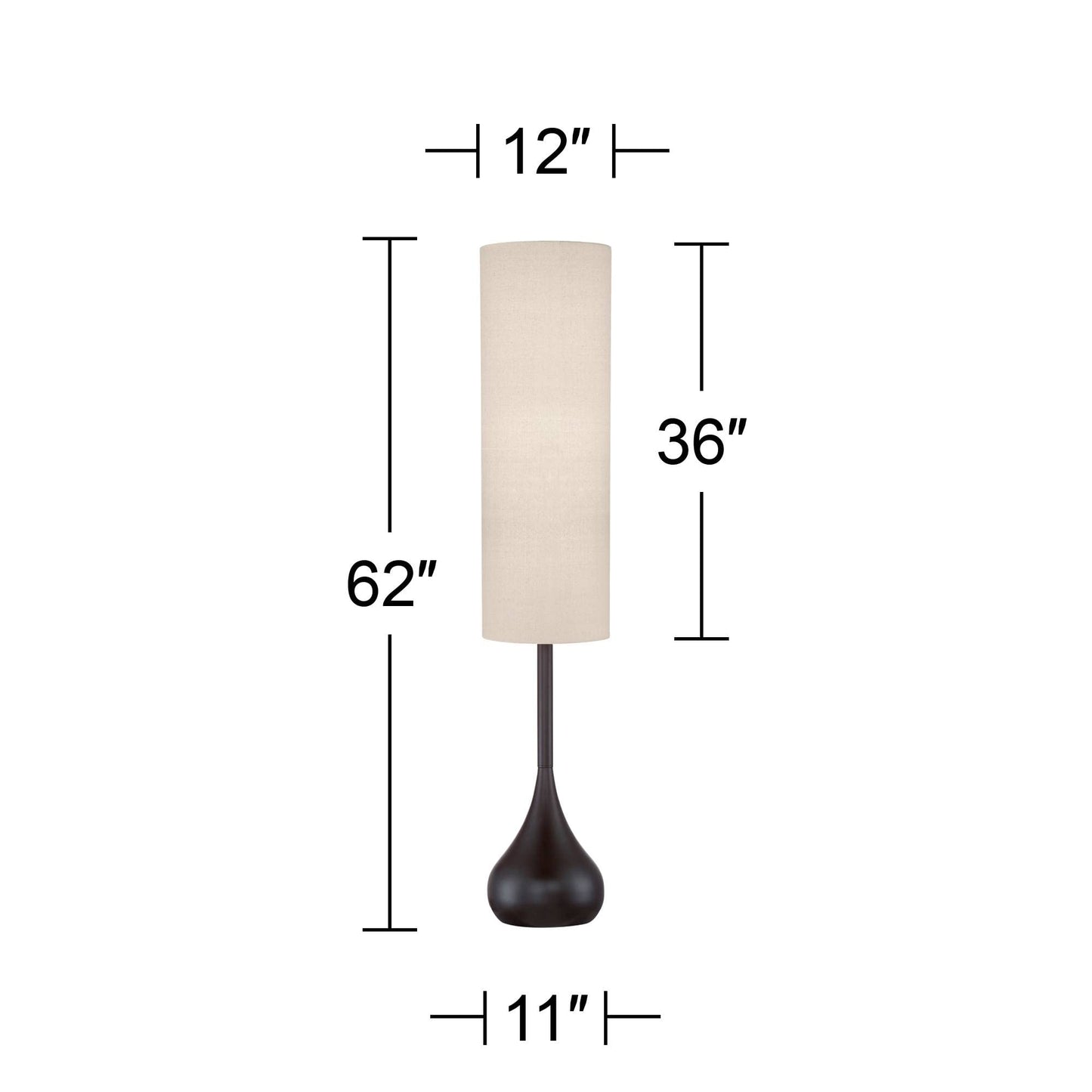 Possini Euro Design Mid Century Modern Retro Floor Lamp Standing 62" Tall Dark Bronze Metal Droplet Off-White Cotton Cylinder Shade Decor for Living Room Reading House Bedroom Home
