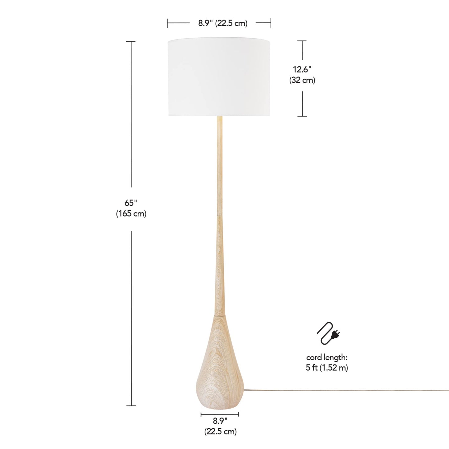 Globe Electric 65" Floor Lamp, Wood-Toned Finish, White Cotton Shade, Japandi Style, E26 Base, On/Off Rotary Switch, 5-Ft Cord, 52112