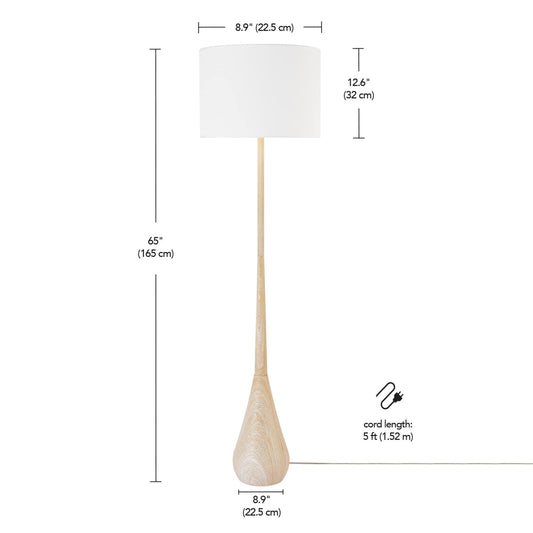 Globe Electric 65" Floor Lamp, Wood-Toned Finish, White Cotton Shade, Japandi Style, E26 Base, On/Off Rotary Switch, 5-Ft Cord, 52112