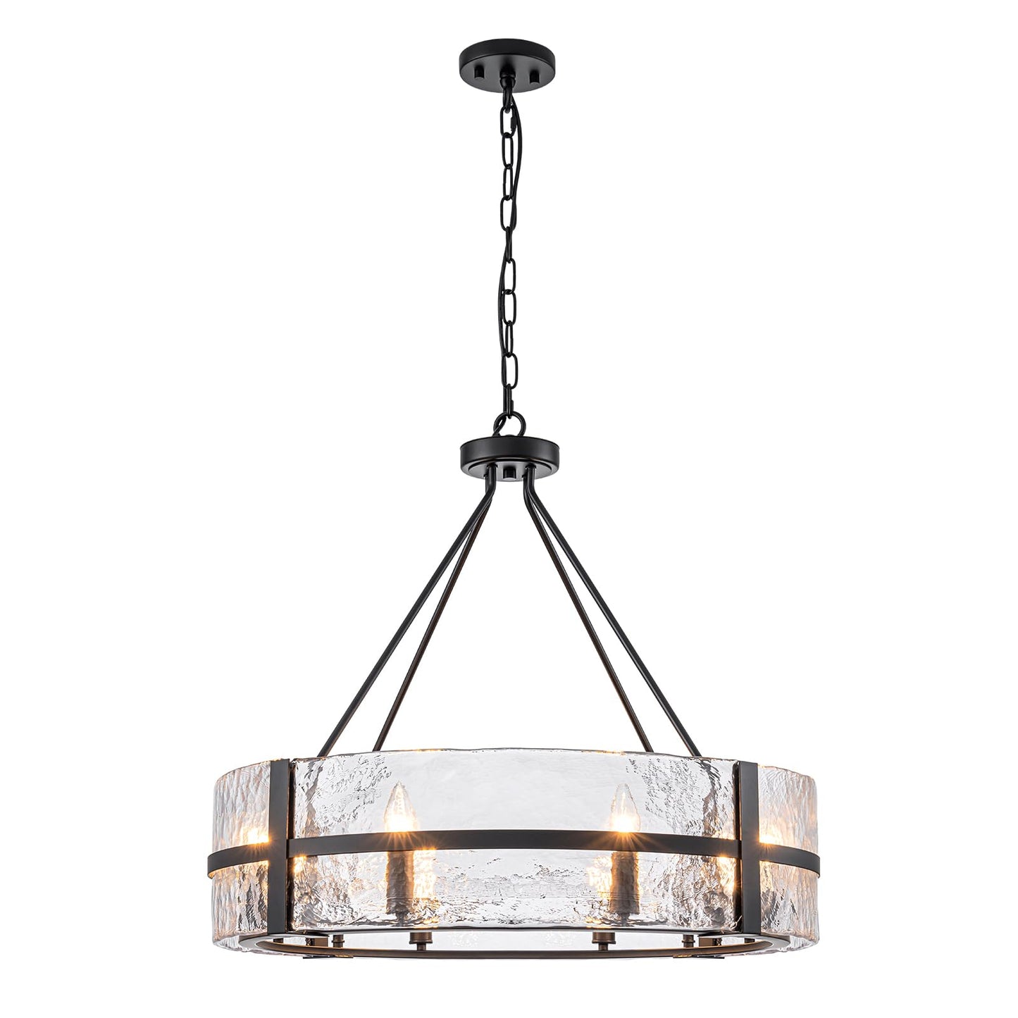 HUOKU 28" Black Glass Chandelier for Dining Room, 8-Light Modern Large Glass Drum Chandelier Dining Room Light Fixture Over Table, Hanging Pendant Light for High Ceiling Foyer Living Room