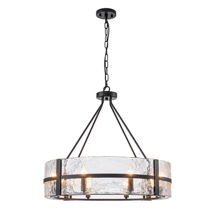 HUOKU 28" Black Glass Chandelier for Dining Room, 8-Light Modern Large Glass Drum Chandelier Dining Room Light Fixture Over Table, Hanging Pendant Light for High Ceiling Foyer Living Room