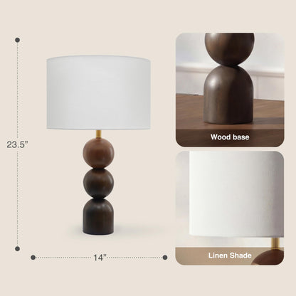 Abani Noa Stacked 23” Table Lamp – Brown Wood Base with White Linen Cylinder Shade, E26 2-Way Bulb Included – Modern Bedside Lamp for Bedroom, Living Room or Nightstand