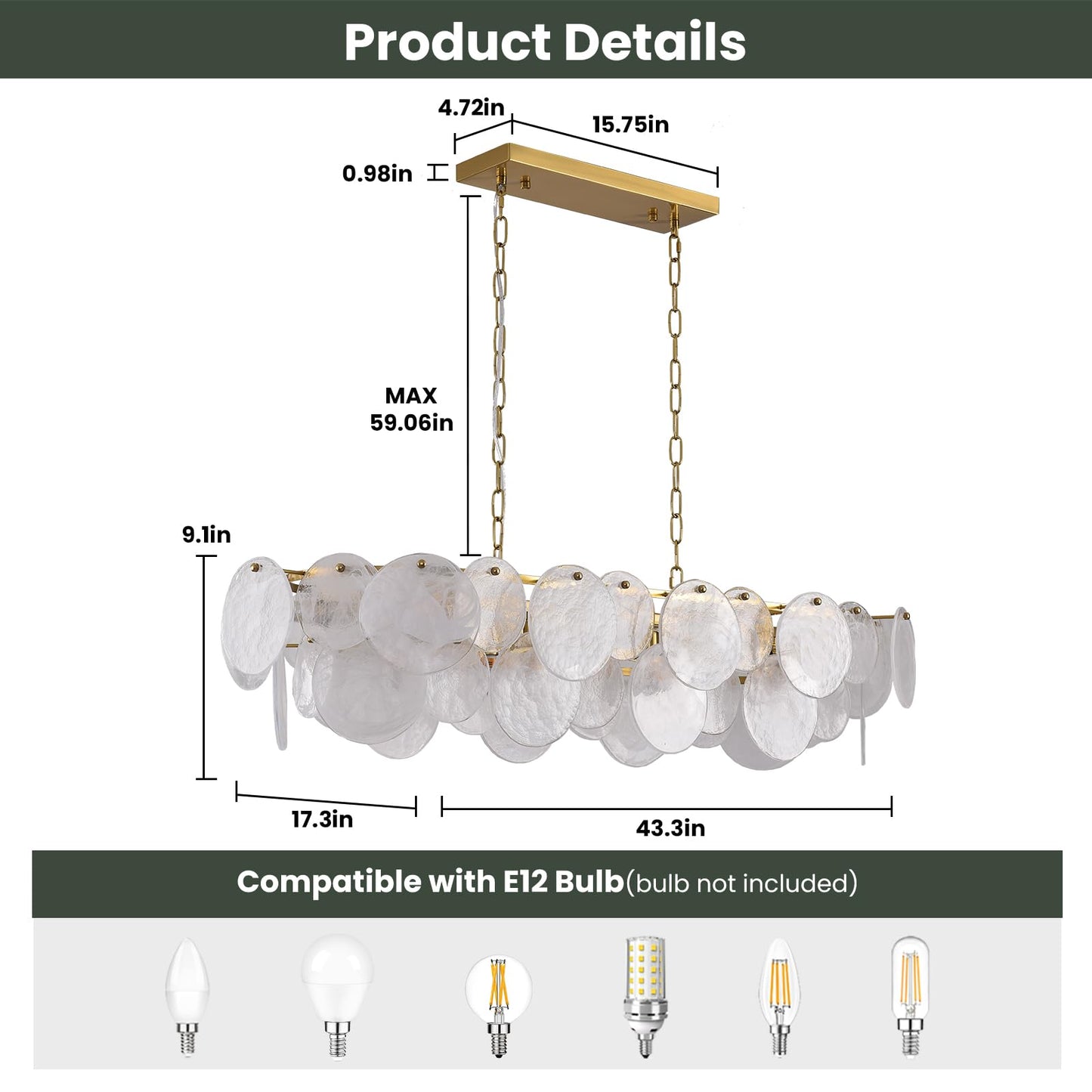 Giawosth Modern Glass Chandelier, L43.31'' Rectangular Brushed Brass Gold Chandeliers, 12-Light Cloud Pendant Fixture Large Oval Pendant Ceiling Light Fixture for Dining Room, Kitchen Island, E12