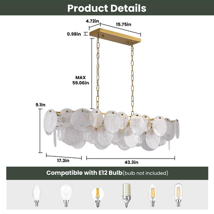 Giawosth Modern Glass Chandelier, L43.31'' Rectangular Brushed Brass Gold Chandeliers, 12-Light Cloud Pendant Fixture Large Oval Pendant Ceiling Light Fixture for Dining Room, Kitchen Island, E12