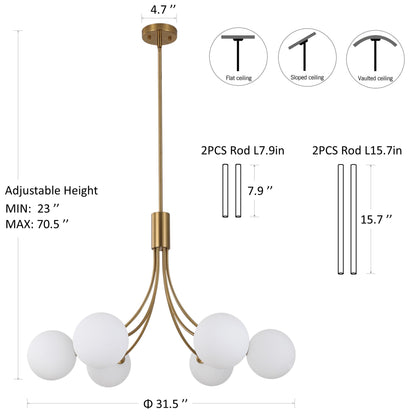 6 Light Brass Chandelier