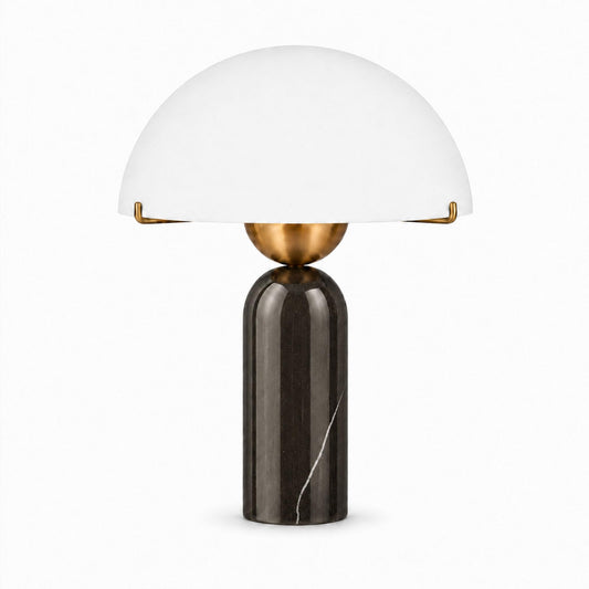 Coolilumi Natural Stone Table Lamp, Mid-Century Modern Dome Mushroom Lamp with Black Travertine Base and Frosted Glass Shade, Minimalist Bedside Nightstand Light for Bedroom, Living Room 14.5" Height