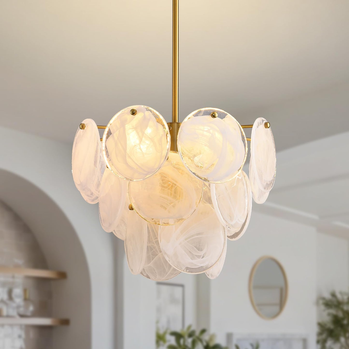 Giawosth Modern Gold Glass Chandelier, 4-Light Crystal Ceiling Pendant, Round Adjustable Hanging Fixture for Dining Room, Living Room, Bedroom, Foyer, G9 Base