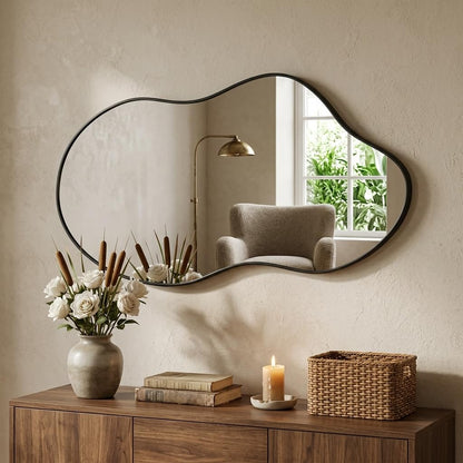 potijo Irregular Wall Mirror 20×36 Inch Wall Mirrors Decorative Black Modern Asymmetrical Abstract Mirror for Bathroom Bedroom Living Room Entryway Hallway