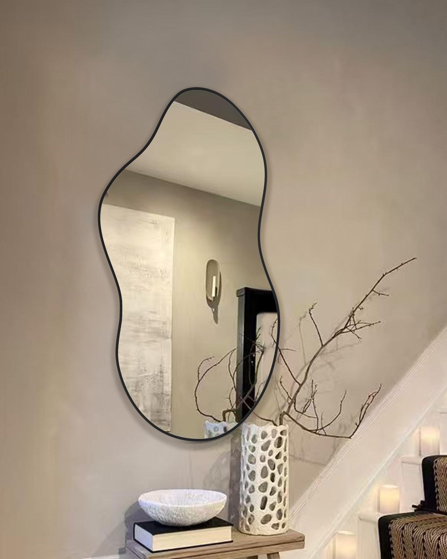 potijo Irregular Wall Mirror 20×36 Inch Wall Mirrors Decorative Black Modern Asymmetrical Abstract Mirror for Bathroom Bedroom Living Room Entryway Hallway
