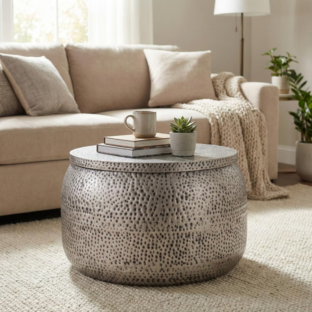 Albany Living Modern Round Aluminum Hammered Embossed Texturing, Metal Drum Coffee Table with Removable Lid for Storage,Fully Assembled, for the Living Room and Bedroom, Gray