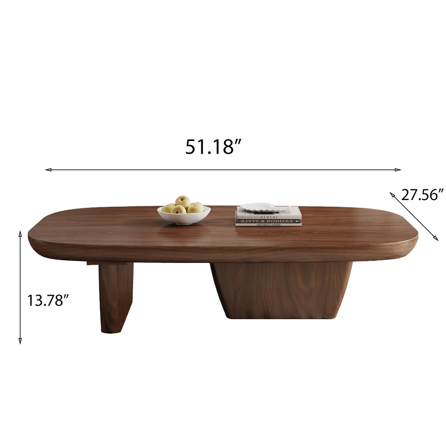 Mid Century Modern Wood Coffee Table with Rounded Edges and Unique Dual Leg Design, Easy Assembly Brown Living Room Center Table, 51.2" Rectangular Tea Table