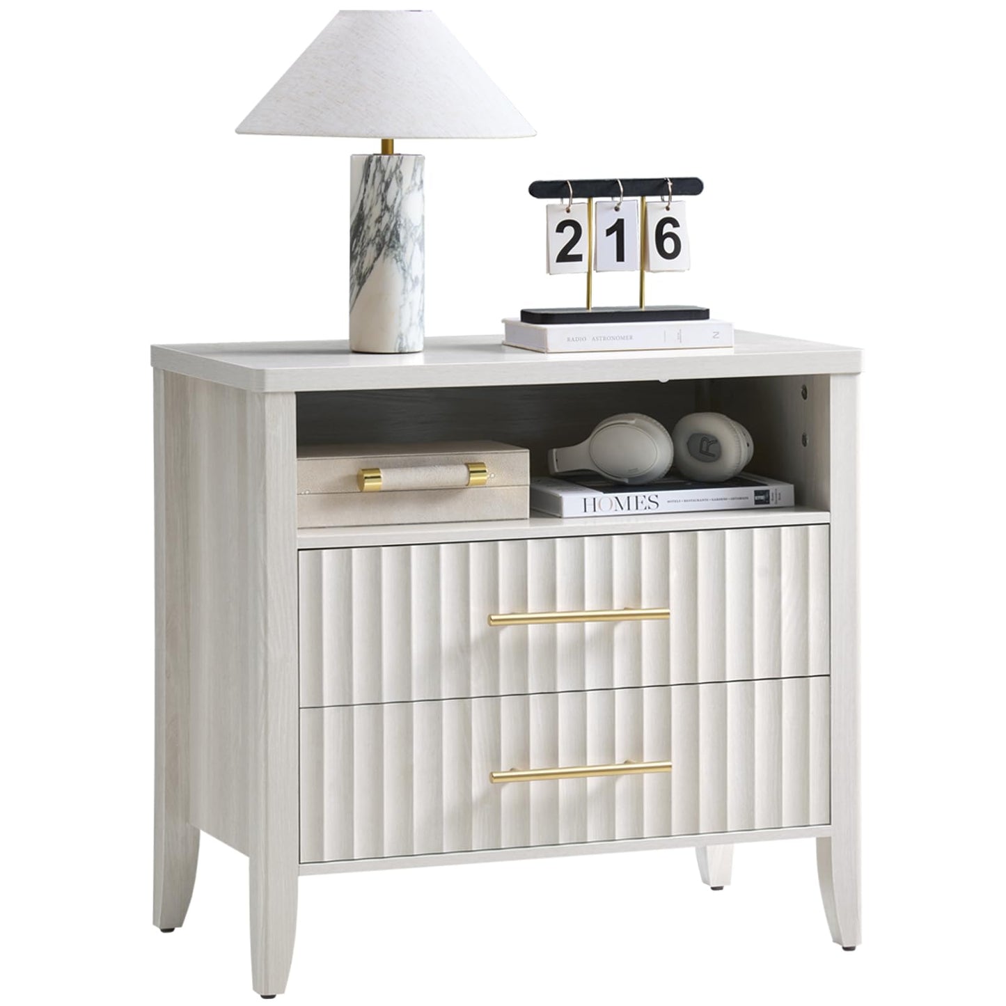 27" Nightstand with Fluted Drawers, White