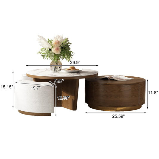 Walnut & Marble Coffee Table with Storage & Ottomans (2)
