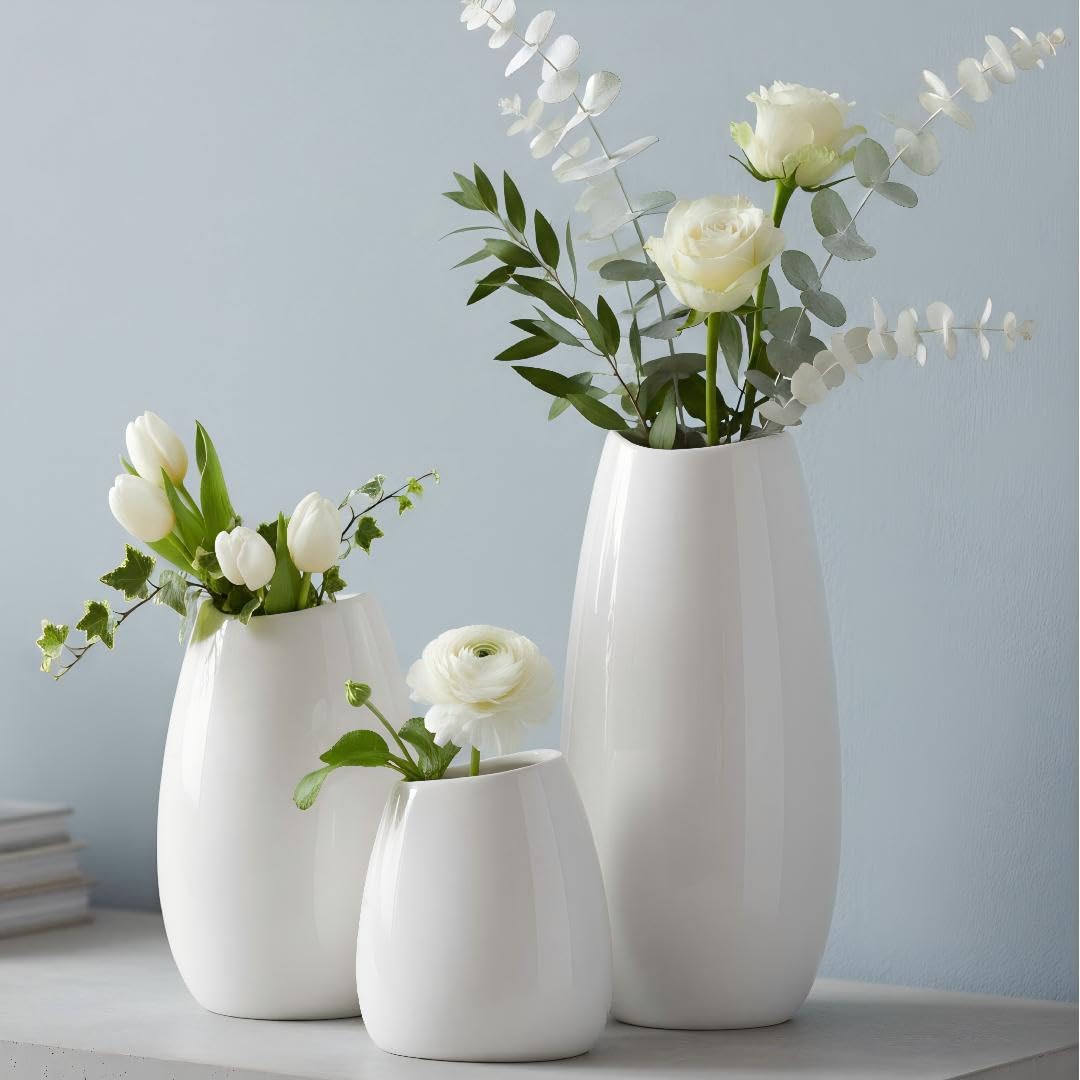 White Ceramic Vases, Set of 3