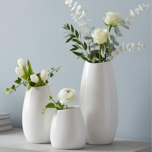 White Ceramic Vases, Set of 3